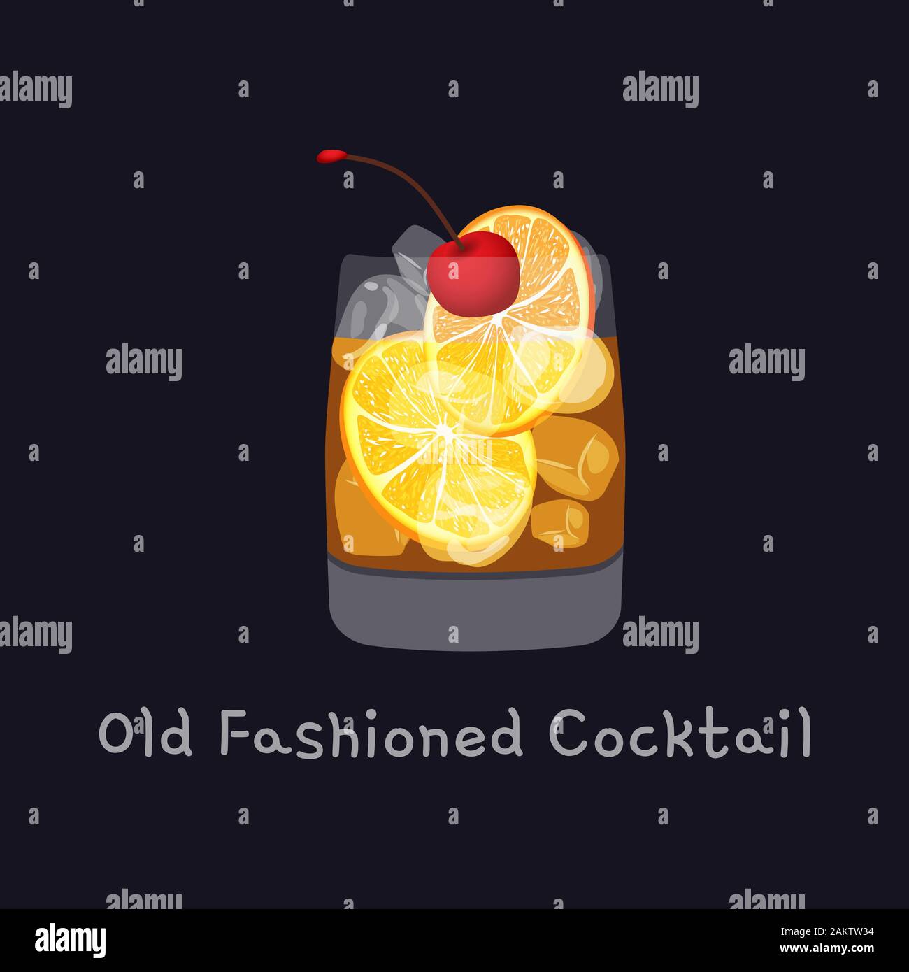 Tasty alcoholic old fashioned cocktail with orange slice, cherry, and lemon peel garnish with ice cubes, isolated on black background. Vector Stock Vector