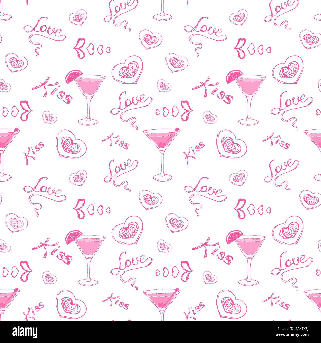 Seamless pattern with coctails and hand drawing sketches for Valentine's Day, can be printed on textile, wallpaper, wrapping paper, greeting cards, used in logo, banner, landing page. Vector Illustration. EPS10 Stock Vector