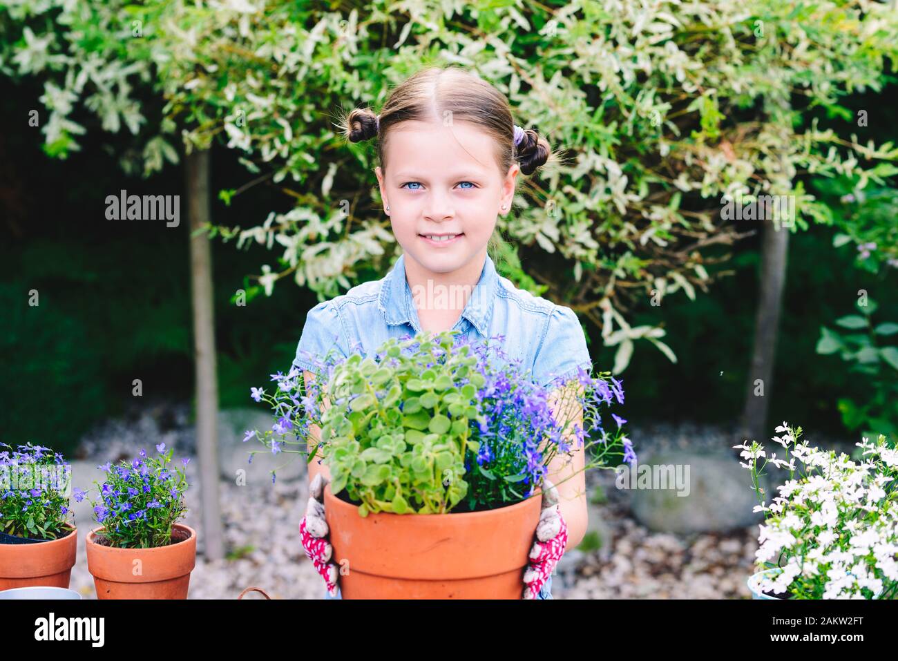 Little girl planting flowers in pots in a home garden Stock Photo - Alamy