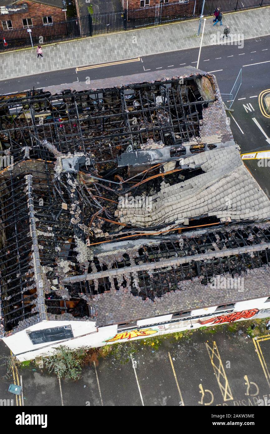 Overhead aerial view of a burnt out building in the heart of the city of Hanley, Stoke on Trent, a building burned to the ground by an arson attack, Stock Photo