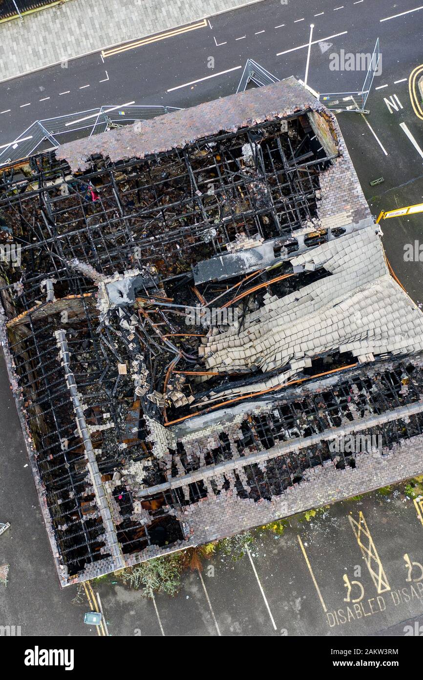 Overhead aerial view of a burnt out building in the heart of the city of Hanley, Stoke on Trent, a building burned to the ground by an arson attack, Stock Photo