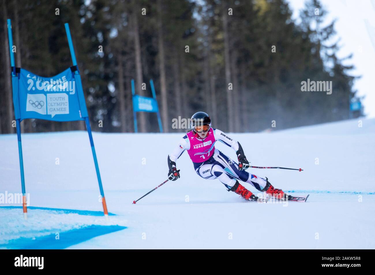 Alpine skier, Barbora Novakova, CZE, competes in the Lausanne 2020 Women's Super G Downhill Skiing At Les Diablerets Alpine Centre In Switzerland Stock Photo