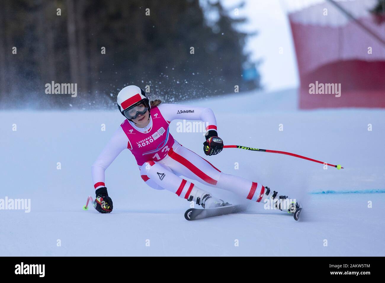 Alpine skier, Maria Niederndorfer, AUT, competes in the Lausanne 2020 Women's Super G Downhill Skiing At Les Diablerets Alpine Centre In Switzerland Stock Photo