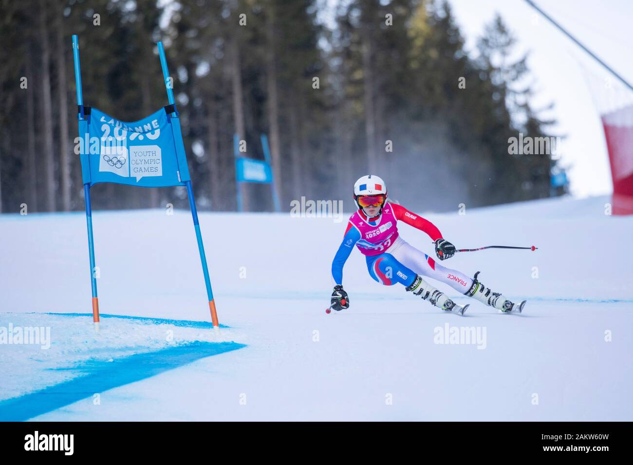 Alpine skier, Alizee Dahon, FRA competes in the Lausanne 2020 Women's Super G Downhill Skiing At Les Diablerets Alpine Centre In Switzerland Stock Photo