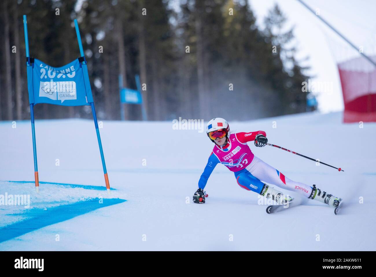 Alpine skier, Alizee Dahon, FRA competes in the Lausanne 2020 Women's Super G Downhill Skiing At Les Diablerets Alpine Centre In Switzerland Stock Photo