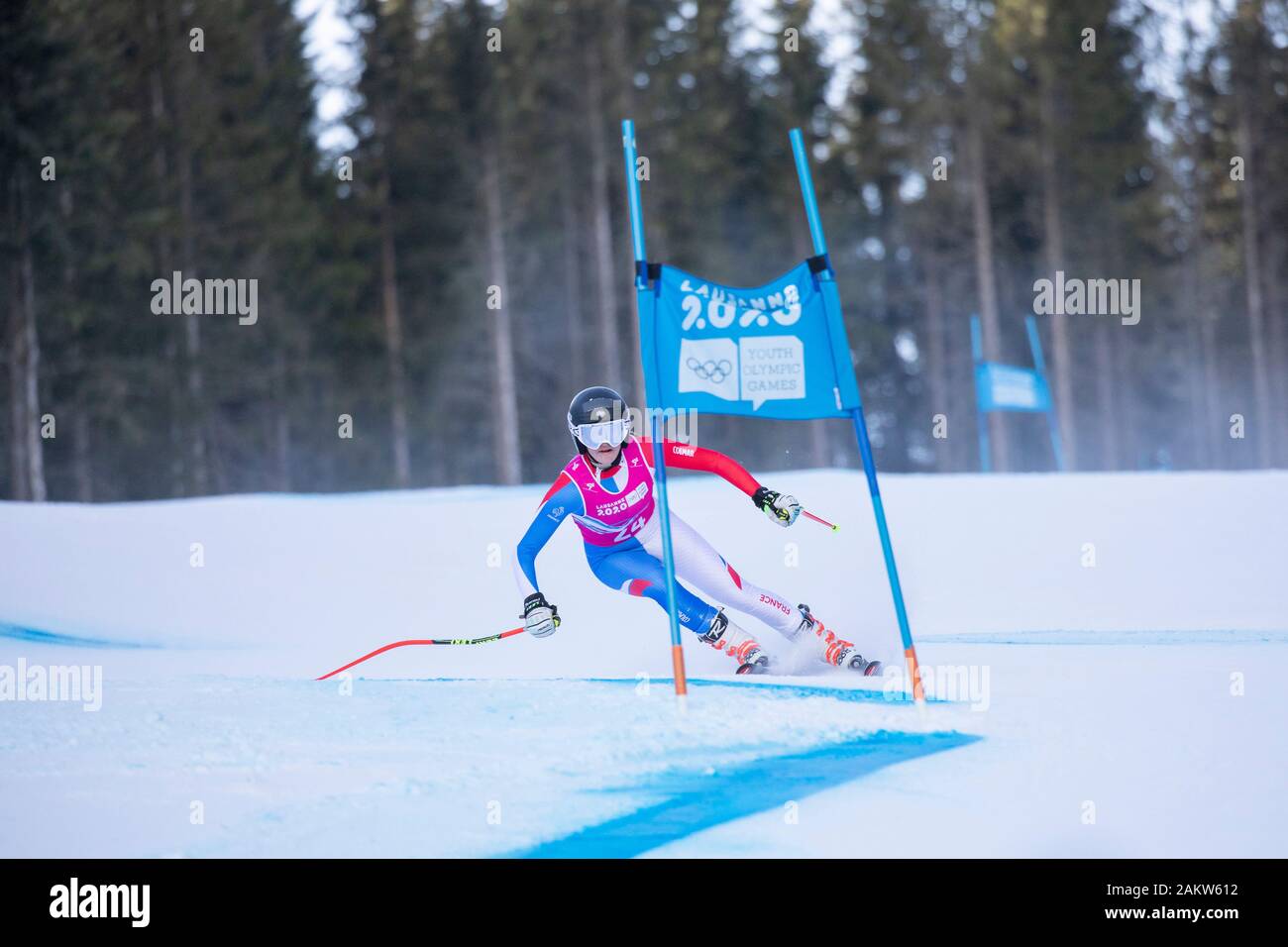 Alpine skier, Chiara Pogneaux, FRA, competes in the Lausanne 2020 Women's Super G Downhill Skiing At Les Diablerets Alpine Centre In Switzerland Stock Photo