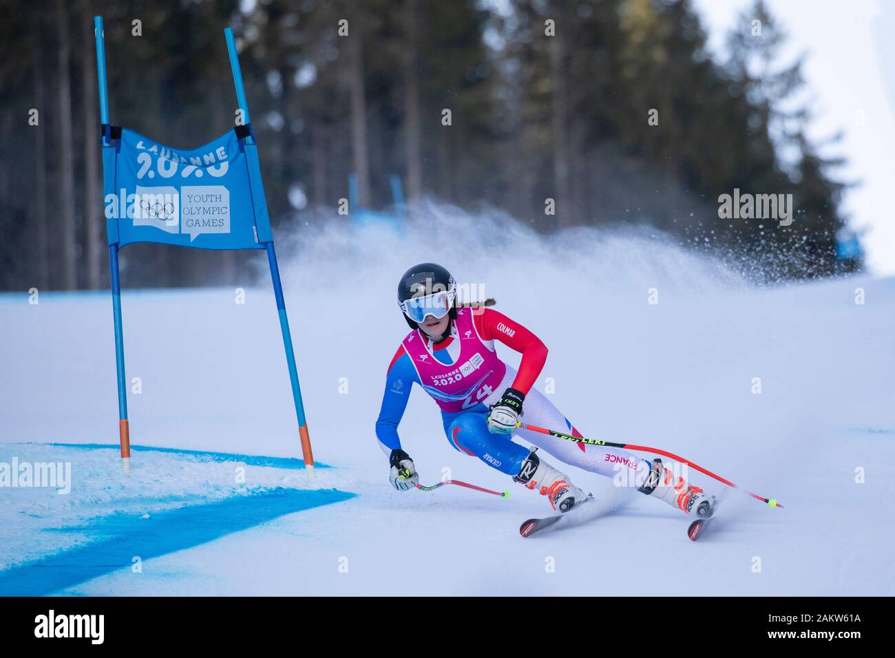 Alpine skier, Chiara Pogneaux, FRA, competes in the Lausanne 2020 Women's Super G Downhill Skiing At Les Diablerets Alpine Centre In Switzerland Stock Photo