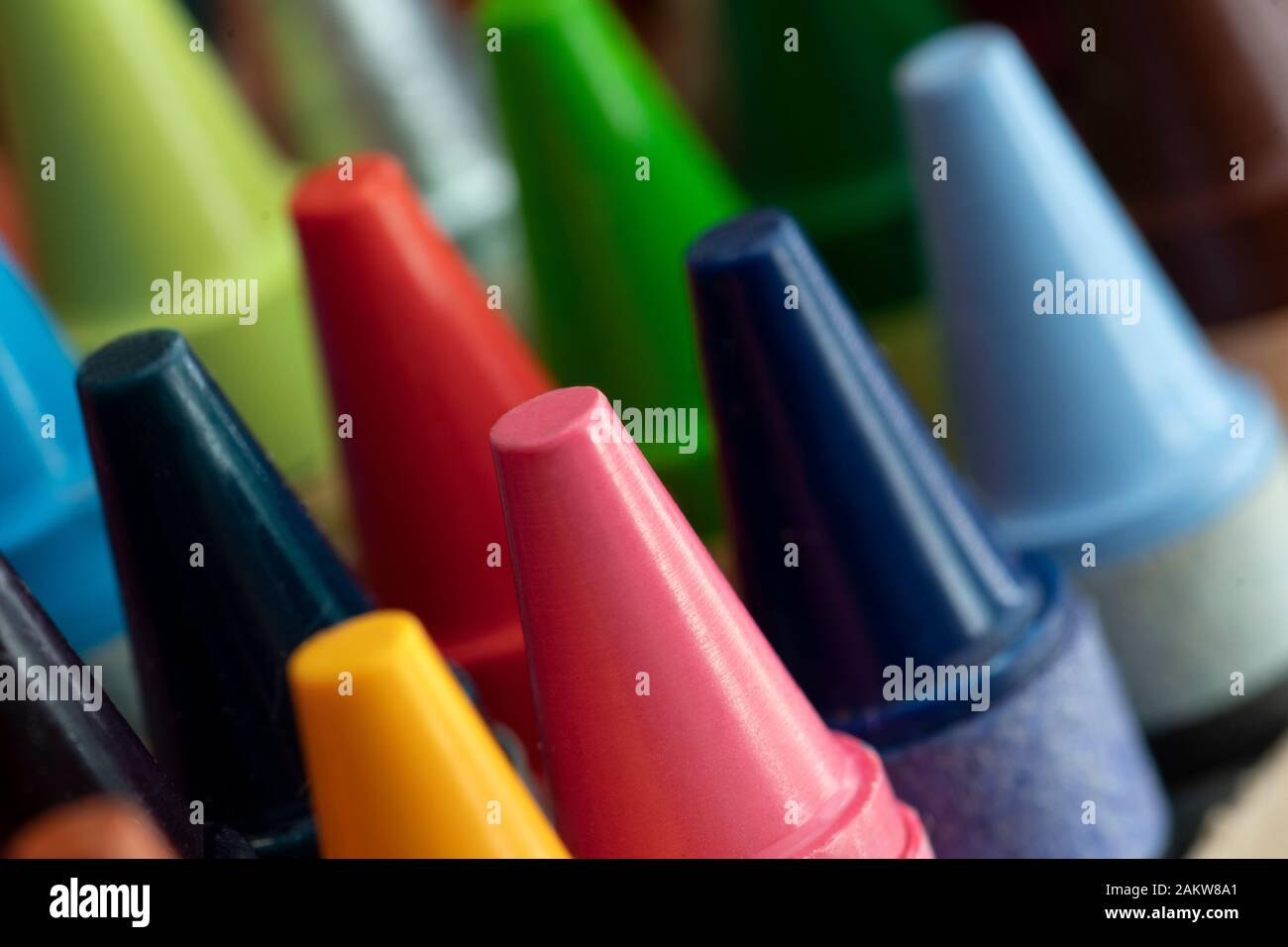 Brand new, colorful crayons packed neatly together in a box. Stock Photo