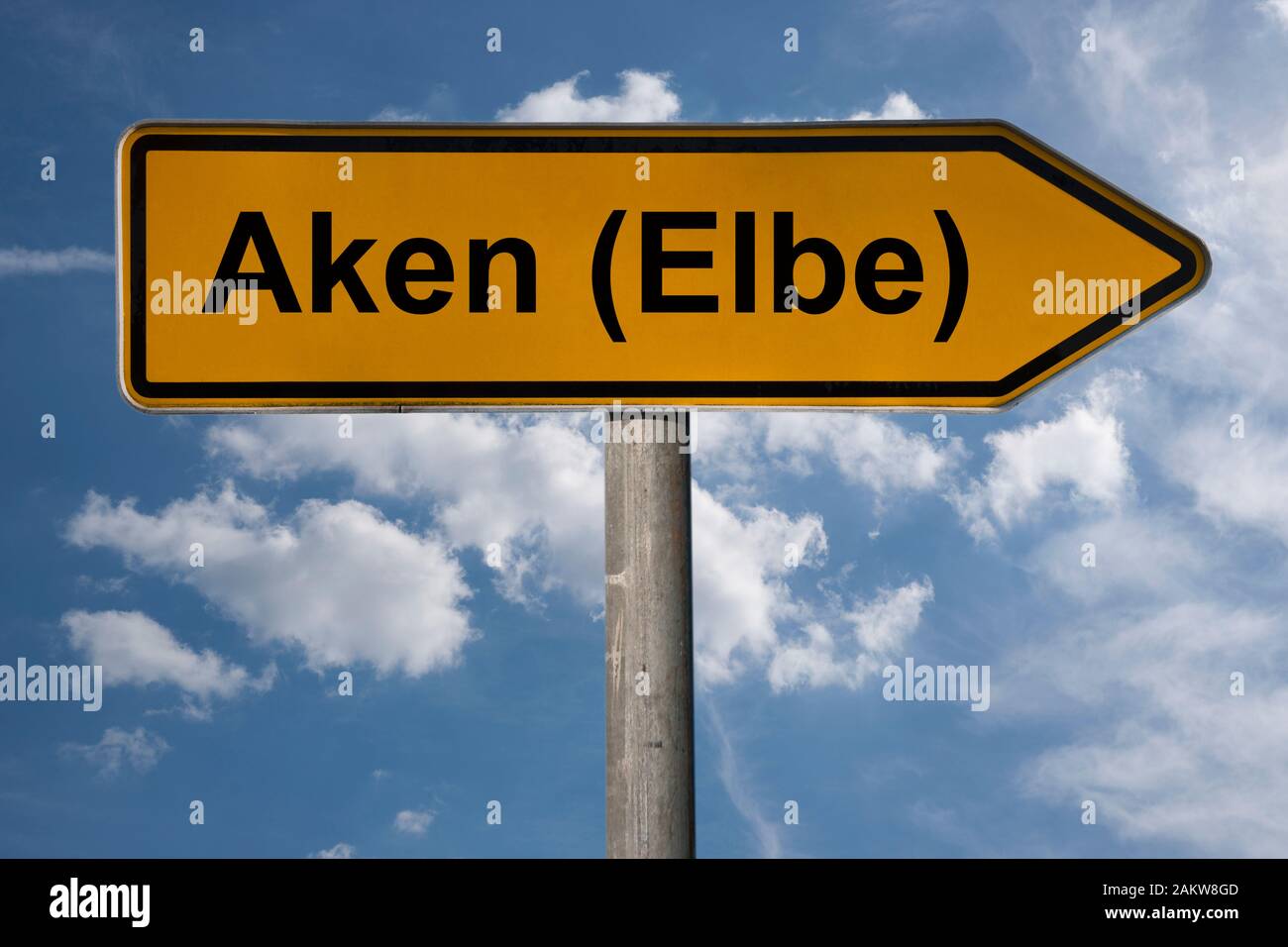 Detail photo of a signpost with the inscription Aken (Elbe), Saxony-Anhalt, Germany, Europe Stock Photo