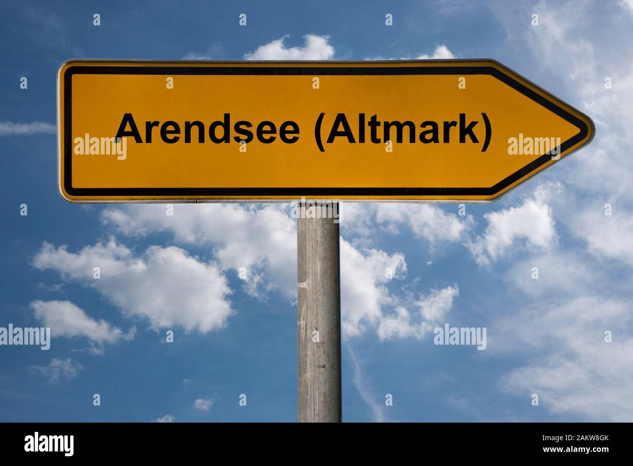 Detail photo of a signpost with the inscription Arendsee (Altmark), Saxony-Anhalt, Germany, Europe Stock Photo