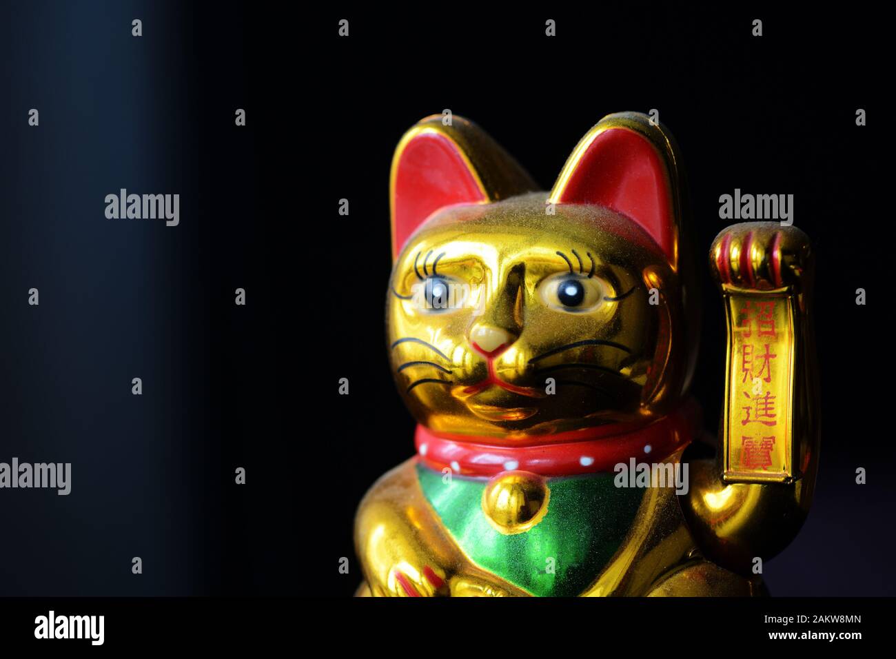 Golden Maneki Neko, the Lucky Cat, covered with dust. The concept of time and expectation of good luck Stock Photo