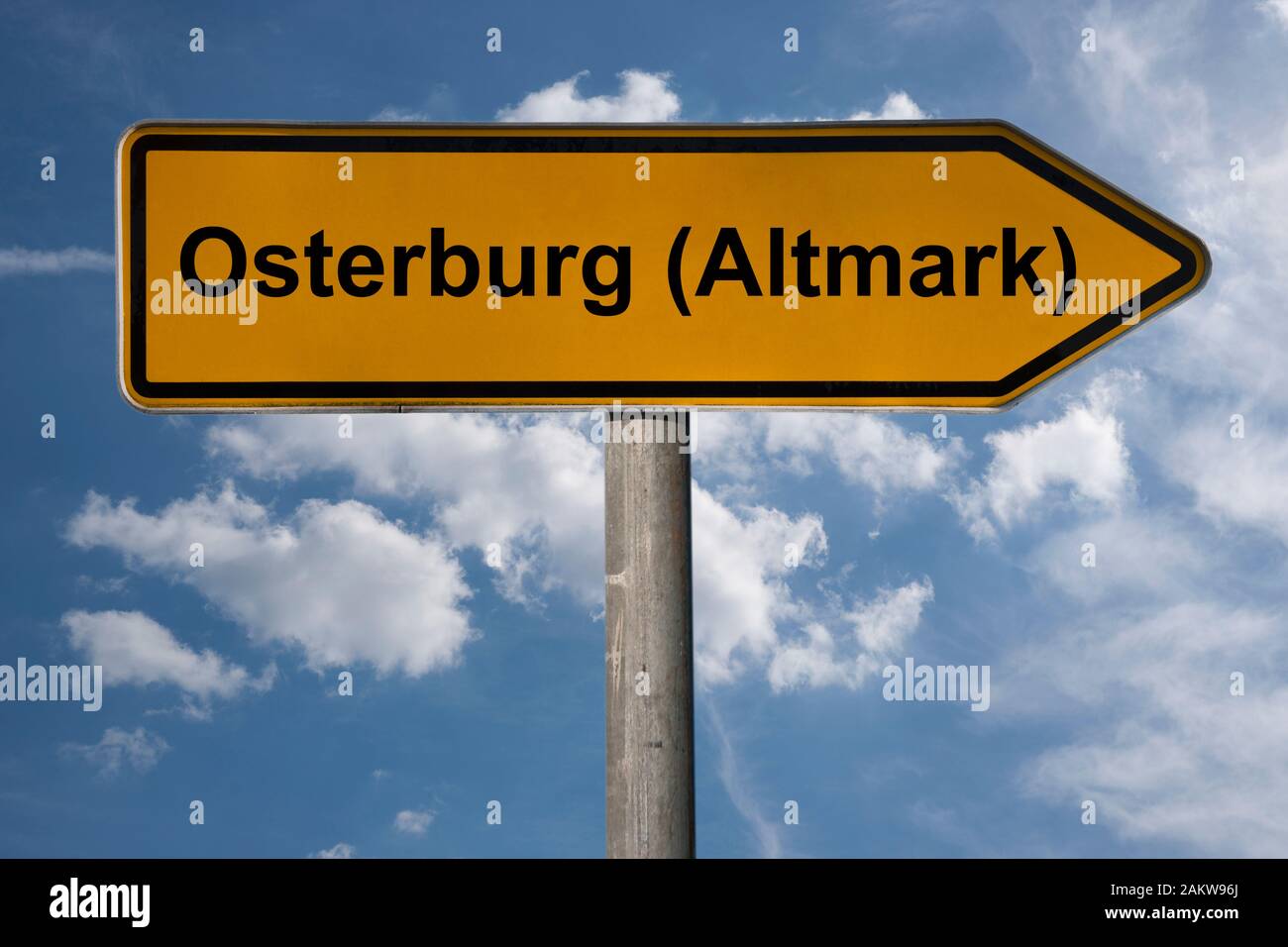 Detail photo of a signpost with the inscription Osterburg (Altmark), Saxony-Anhalt, Germany, Europe Stock Photo