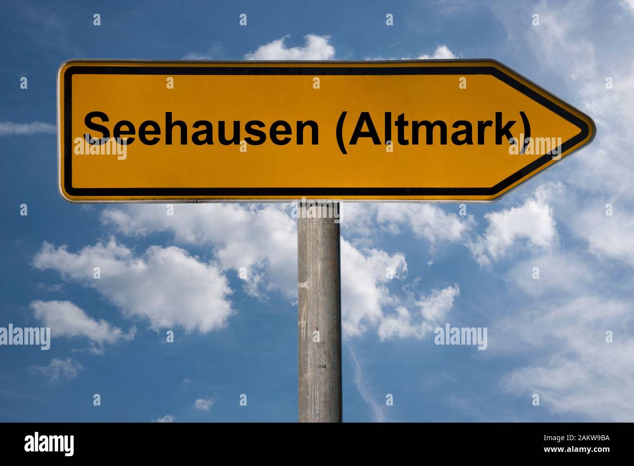 Detail photo of a signpost with the inscription Seehausen (Altmark), Saxony-Anhalt, Germany, Europe Stock Photo