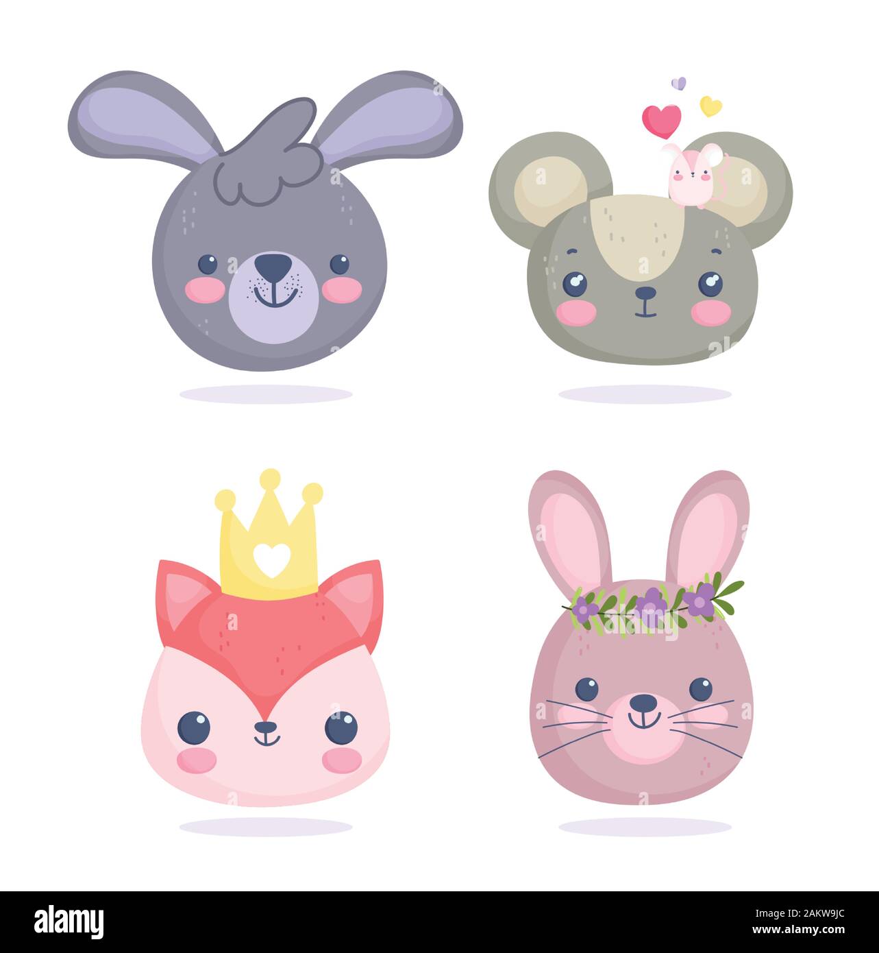 cute animals, little faces of mouses fox rabbits cartoon vector ...