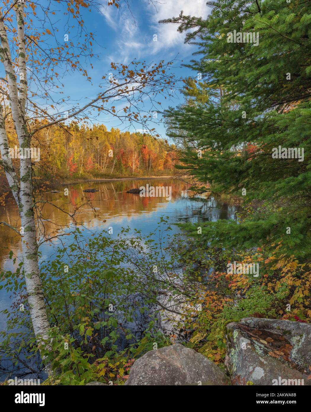 Fall colors on the Chippewa River in the Chequamegon National Forest. Stock Photo