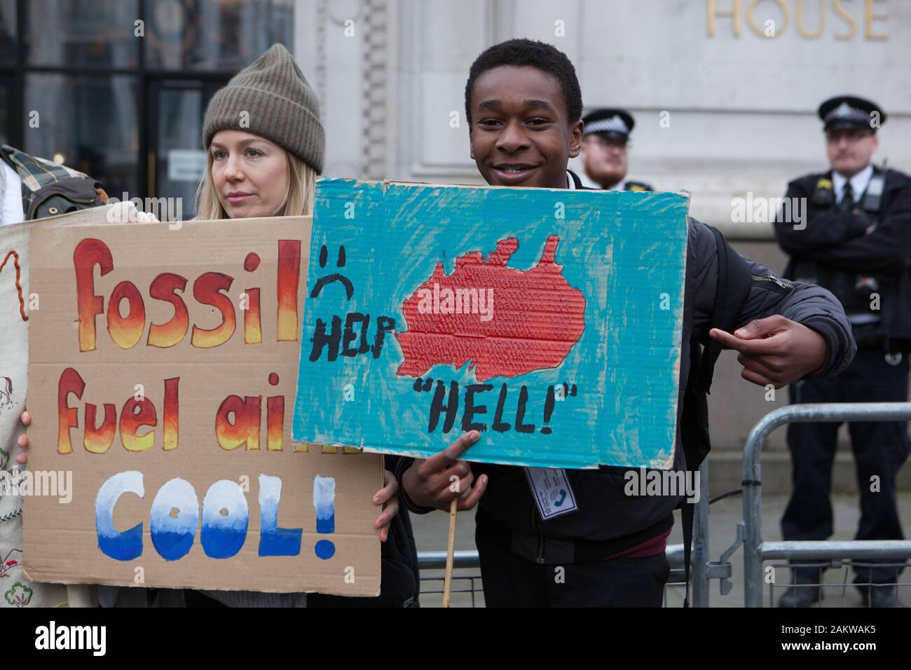 London, UK, Friday 10 Jan 2020: Extinction Rebellion protestors outside the Australian HIgh Commission on the Strand in London, demanding more action from the Australia government and Prime Minister Scott Morrison to reduce climate change and provide a professional fire brigade to combat the bushfires currently ravaging the Australian countryside. Credit Anna Watson/Alamy Live News Stock Photo