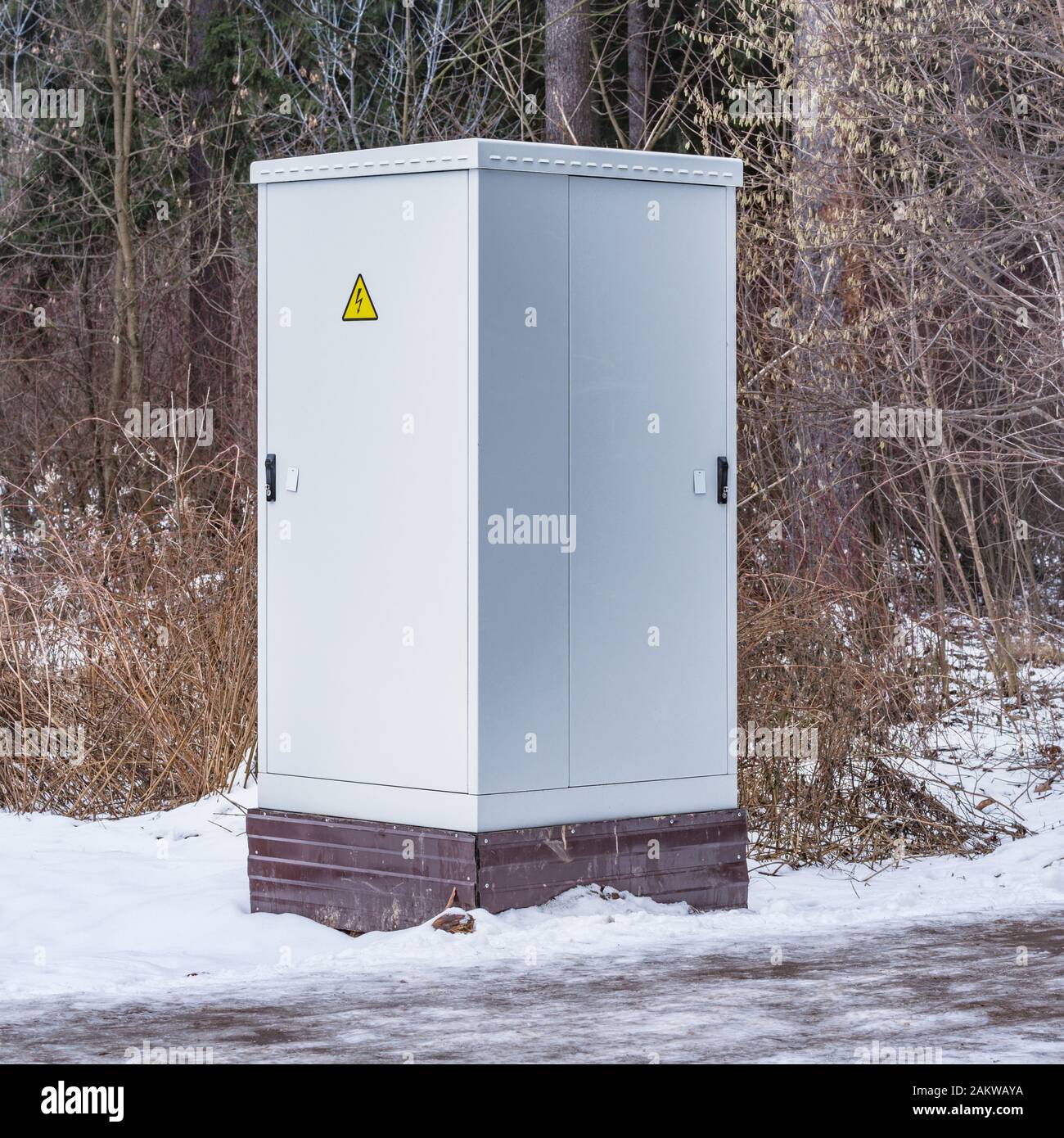 Metal electric cabinet in the forest in the snowdrift. Stock Photo