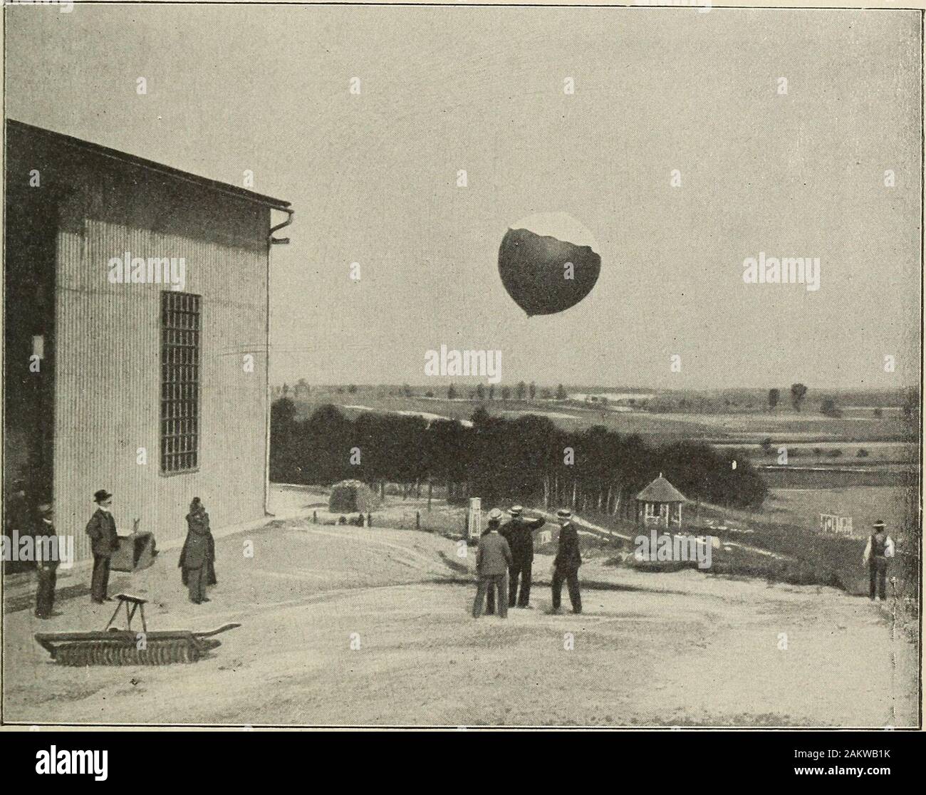 Airships past and present, together with chapters on the use of balloons in connection with meteorology, photography and the carrier pigeon . SCIENTIFIC BALLOONING. 257 Observatoire cle la Meteorologie dynamique. Balloons areused, made of the lightest silk, cambric or paper, varnished withrubber solution or linseed oil; their capacities vary from 1,000to 17,500 cubic feet. The weight of the instruments is verysmall, and therefore the size of the balloon depends generallyon the height to which it is proposed to ascend. The net is of. Fig. 160.—Ascent of a balloon, fitted with a parachute, at Li Stock Photo