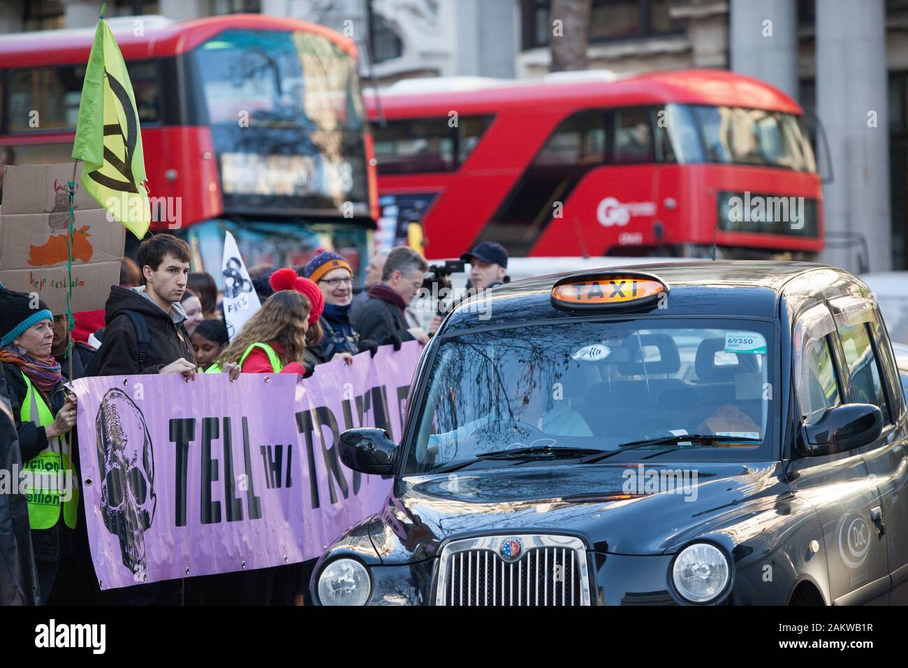 London, UK, Friday 10 Jan 2020: Extinction Rebellion protestors outside the Australian HIgh Commission on the Strand in London, demanding more action from the Australia government and Prime Minister Scott Morrison to reduce climate change and provide a professional fire brigade to combat the bushfires currently ravaging the Australian countryside. Credit Anna Watson/Alamy Live News Stock Photo