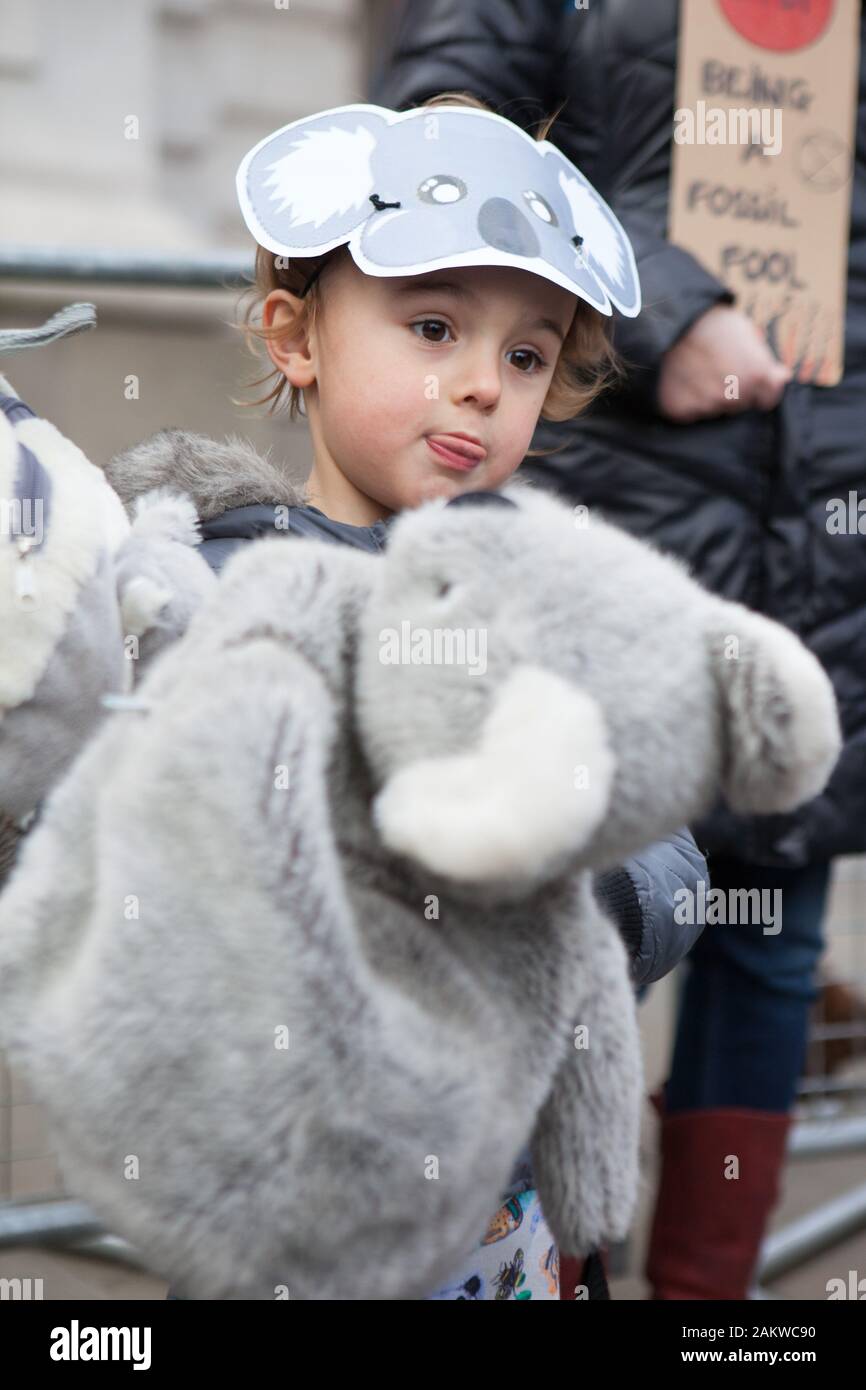 London, UK, Friday 10 Jan 2020: Extinction Rebellion protestors outside the Australian HIgh Commission on the Strand in London, demanding more action from the Australia government and Prime Minister Scott Morrison to reduce climate change and provide a professional fire brigade to combat the bushfires currently ravaging the Australian countryside. Credit Anna Watson/Alamy Live News Stock Photo