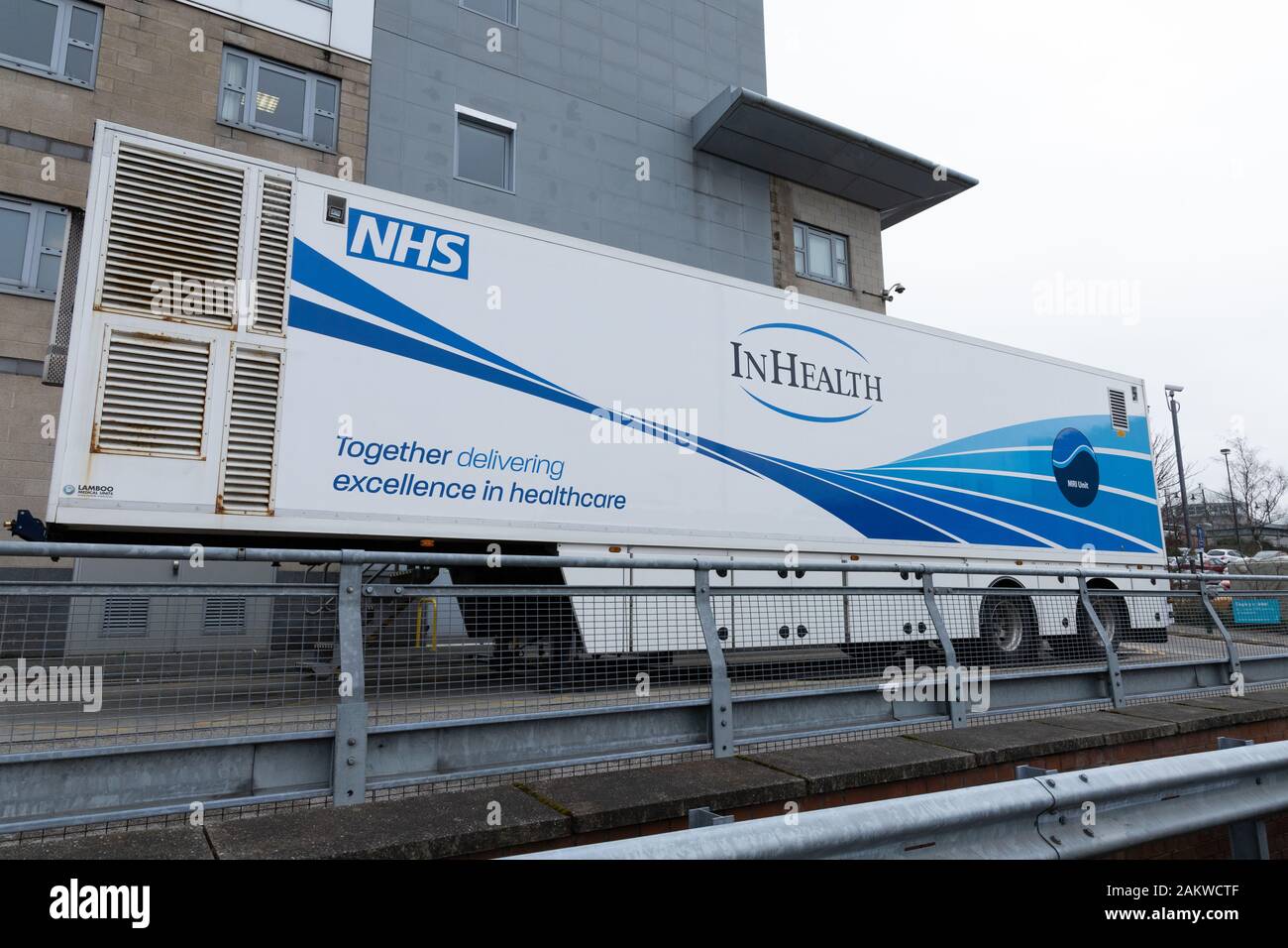 A mobile MRI scan unit parked alongside Oldham Integrated Care Centre. Stock Photo