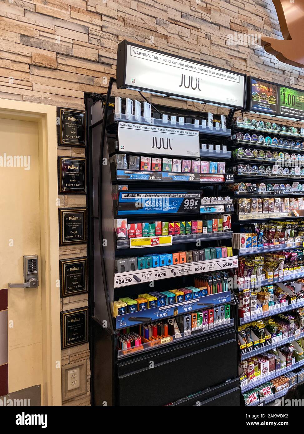 Orlando,FL/USA12/27/19 Juul brand ecigarettes in a case at a Wawa gas