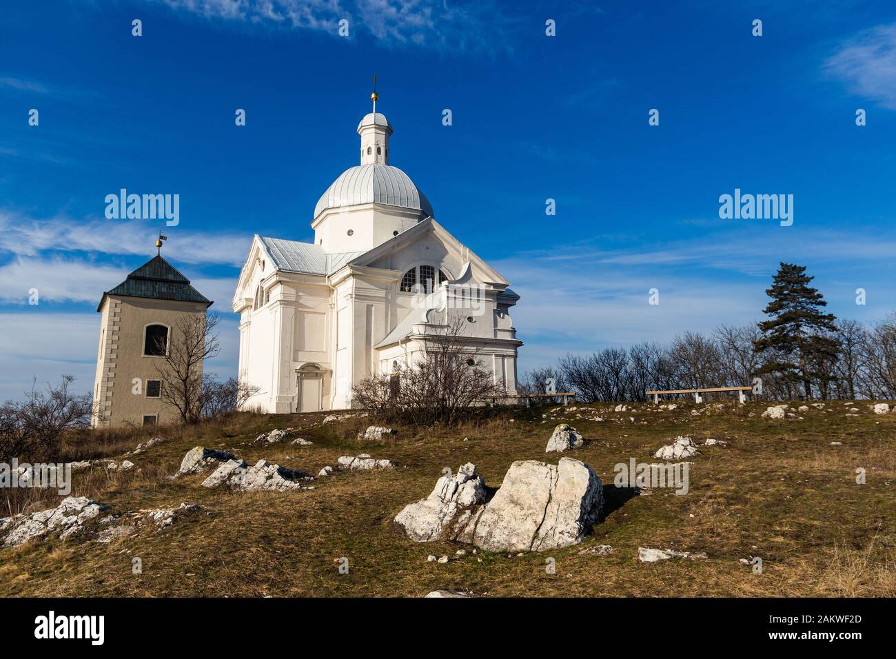 Holy Hill (Svaty Kopecek) with Saint Sebastian chapel. Mikulov, South Moravian region. Czech Republic. Stock Photo