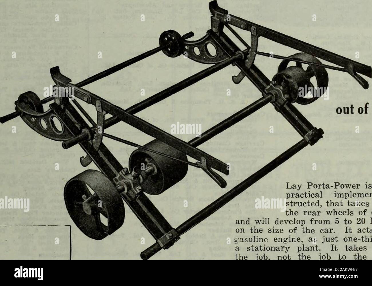Hardware merchandising September-December 1919 . It takestheArm Workout of Farm Work Lay Porta-Power is a durable andpractical implement, well con-structed, that takes its power fromthe rear wheels of any automobileand will develop from 5 to 20 H.P., dependingon the size of the car. It acts as a portablegasoline engine, at just one-third the cost ofa stationary plant. It takes the engine tothe job, not the job to the engine. Woodsawing, feed grinding and cutting, pumping, ensilage cutting, silo filling andfarm lighting are only a few of the farm jobs that this implement can be readilyused for. Stock Photo