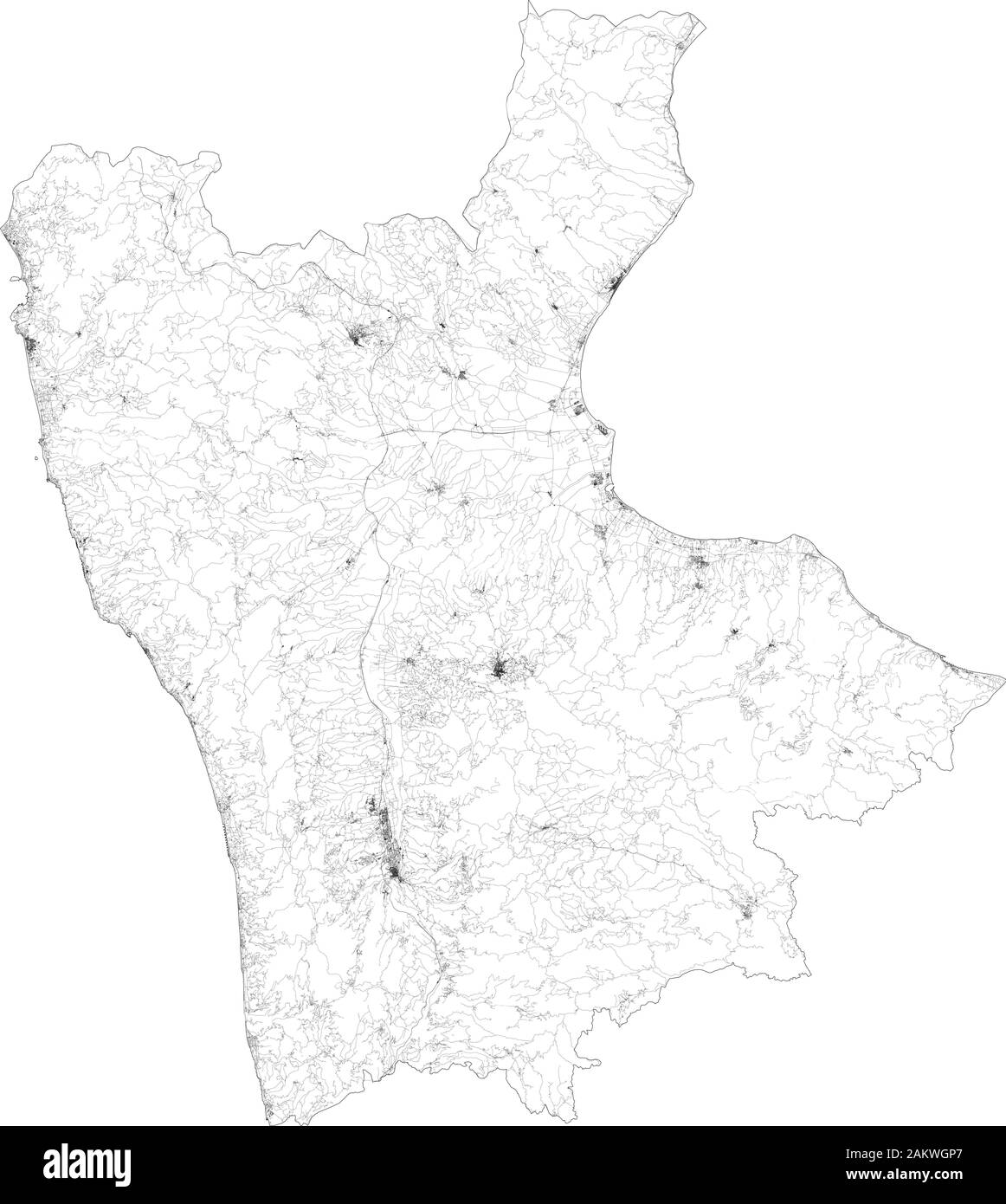 Satellite map of Province of Cosenza towns and roads, buildings and connecting roads of surrounding areas. Calabria region, Italy. Map roads Stock Vector