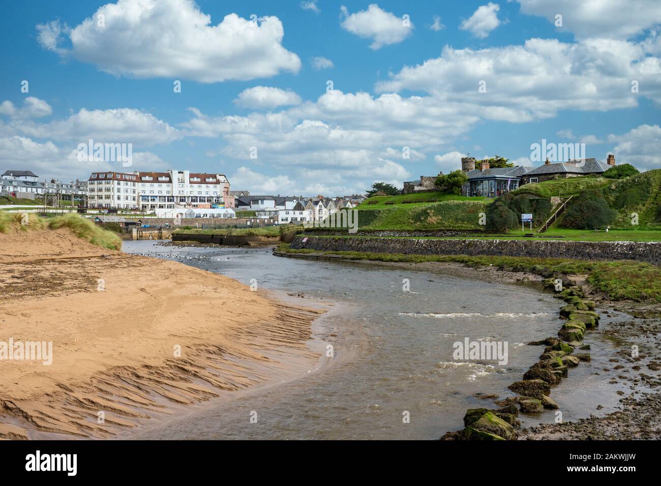 Bude, UK - 1 October 2019: Low tide around the castle museum and tea shop in Bude Stock Photo