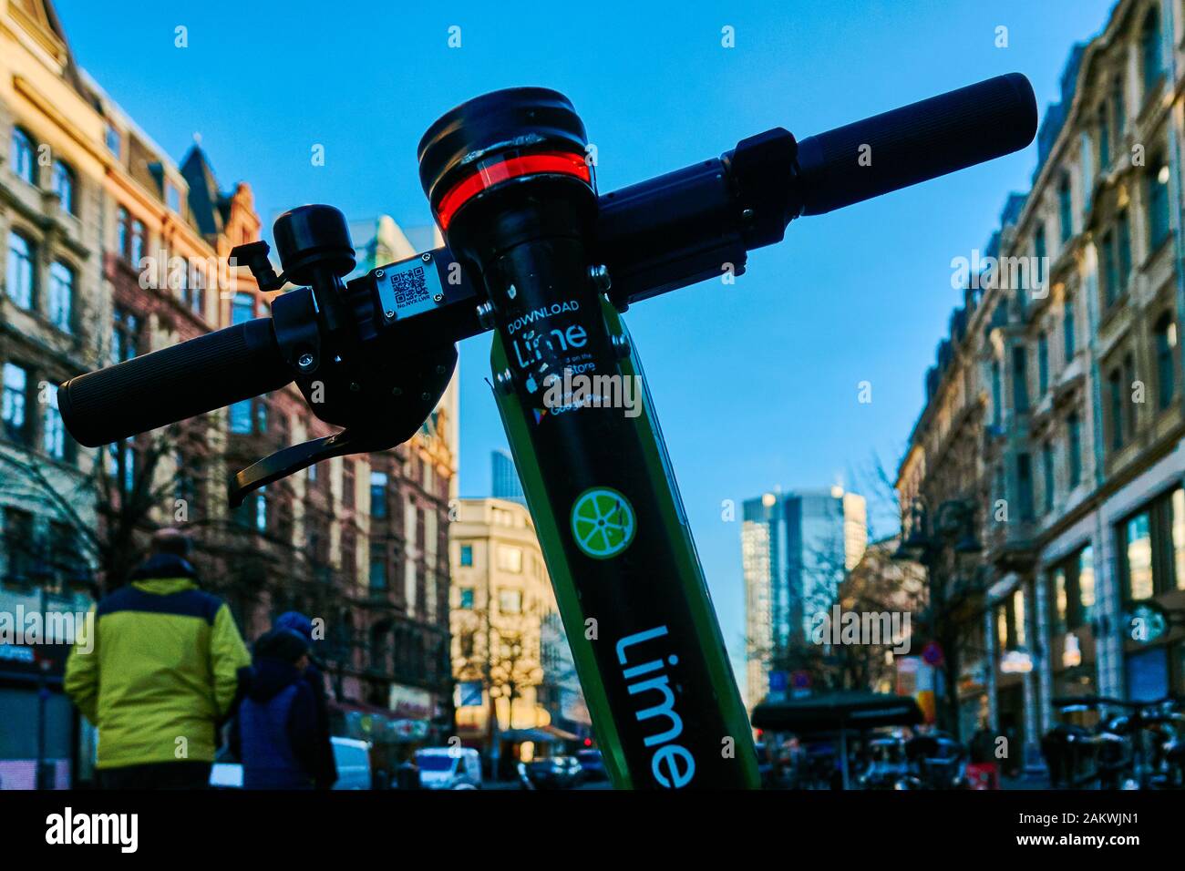 Frankfurt, Germany, December 30., 2019: Detail view of the handlebars of an e-scooter in a street in the city centre of Frankfurt Stock Photo