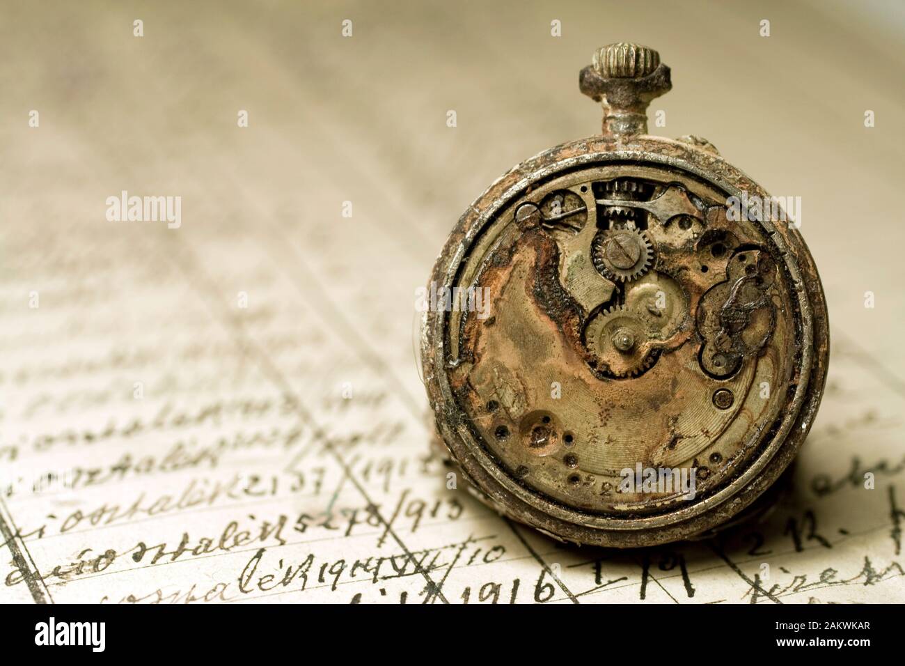 Rusted antique pocket watch on an old notebook Stock Photo Alamy