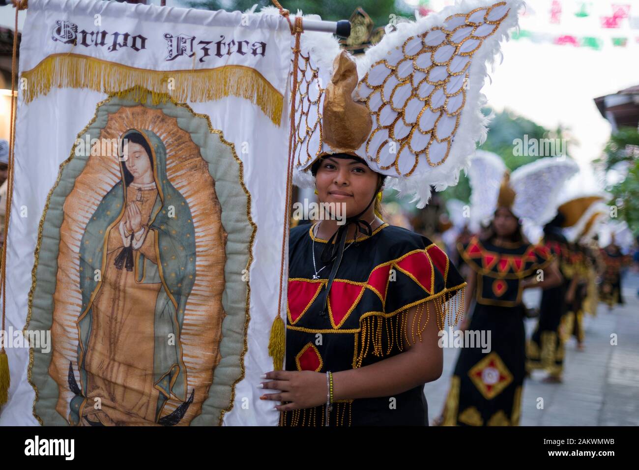 Mexico, Puerto Vallarta, Jalisco, indigenous participant taking part in the festival 'Our Lady of Guadalupe' Stock Photo