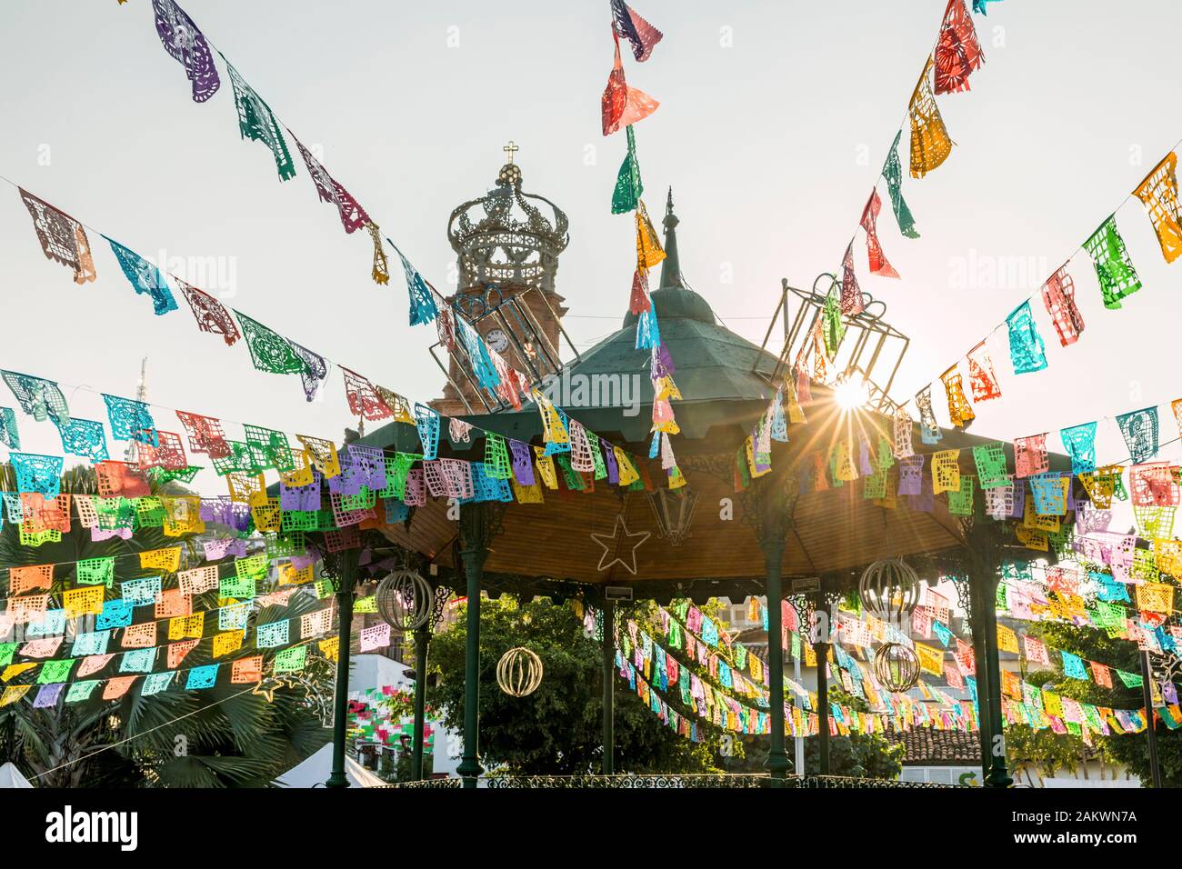Mexico, Puerto Vallarta, Jalisco, bandstand decorated for a festival at sunrise Stock Photo