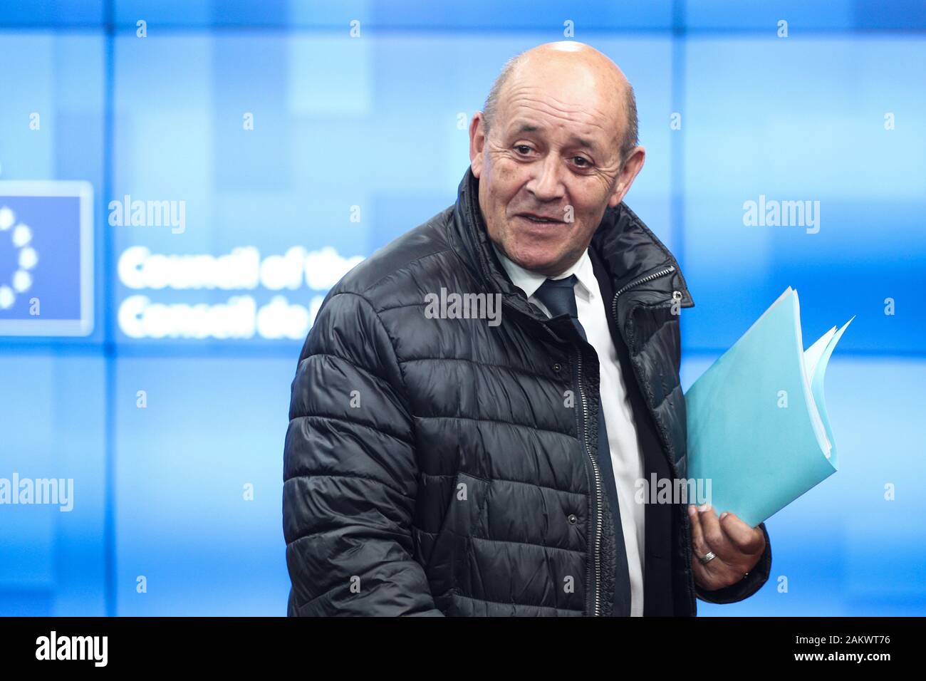 Brussels, Belgium. 10th Jan, 2020. French Foreign Minister Jean-Yves Le Drian arrives for the EU Foreign Affairs Council meeting at the EU headquarters in Brussels, Belgium, Jan. 10, 2020. Credit: Zheng Huansong/Xinhua/Alamy Live News Stock Photo