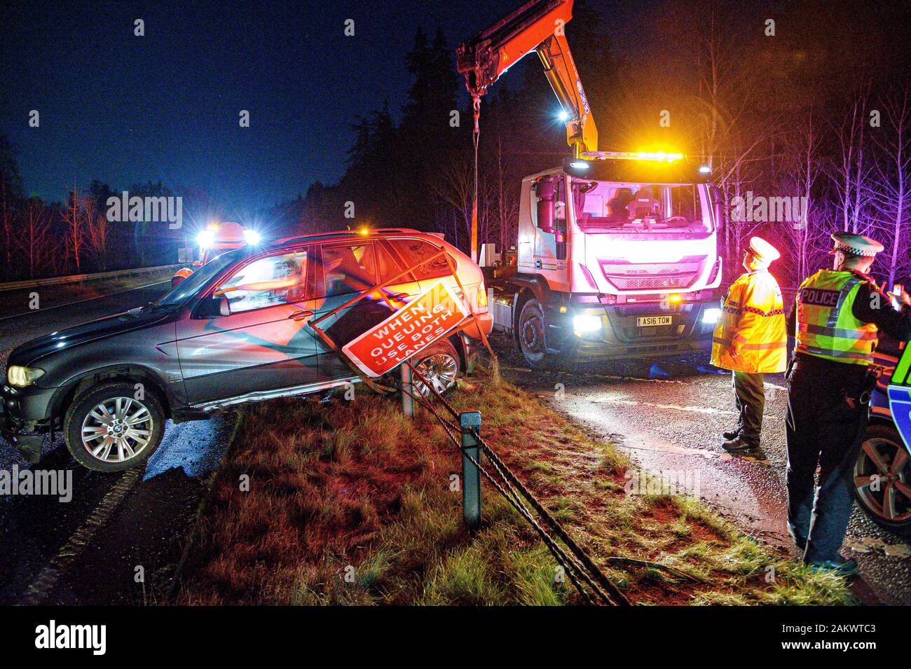 January 9, 2020, A9 Road, Perthshire, United Kingdom A truck hoisting the wrecked BMW off of