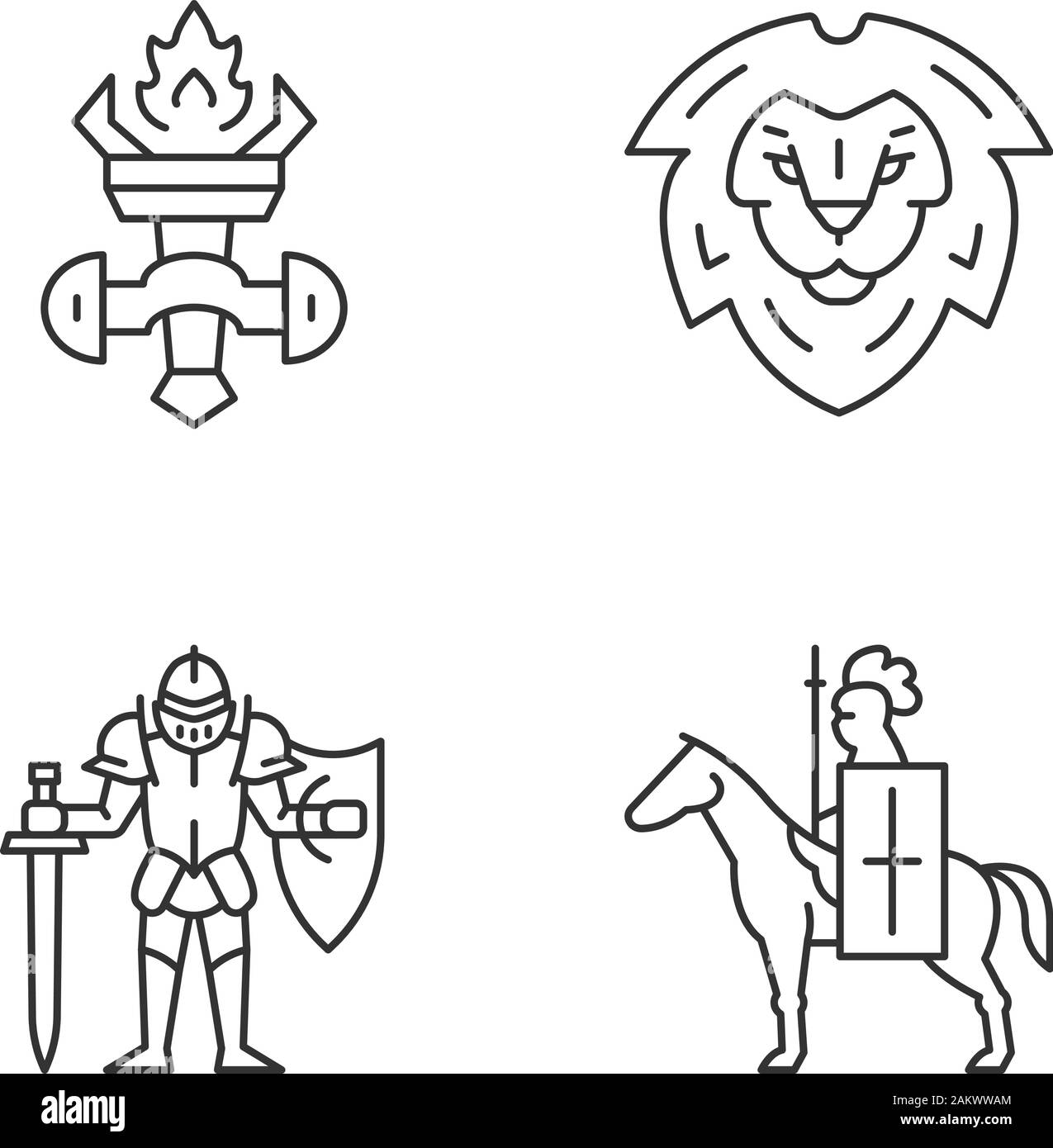 Meddieval linear icons set. Burning torch, Lion head shield, Knight in full armor, Horse knight with flag and lance. Thin line contour symbols. Isolat Stock Vector