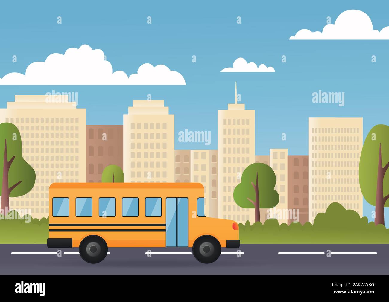Yellow school bus. Cute cartoon school bus. Modern city on background. Back to school concept. Vector illustration Stock Vector