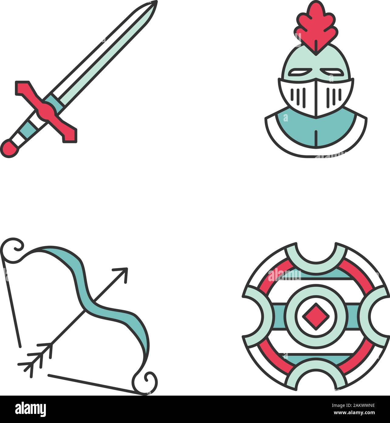 Medieval color icons set. Metal sword, knights helmet, battle shield, bow and arrow. Isolated vector illustrations Stock Vector