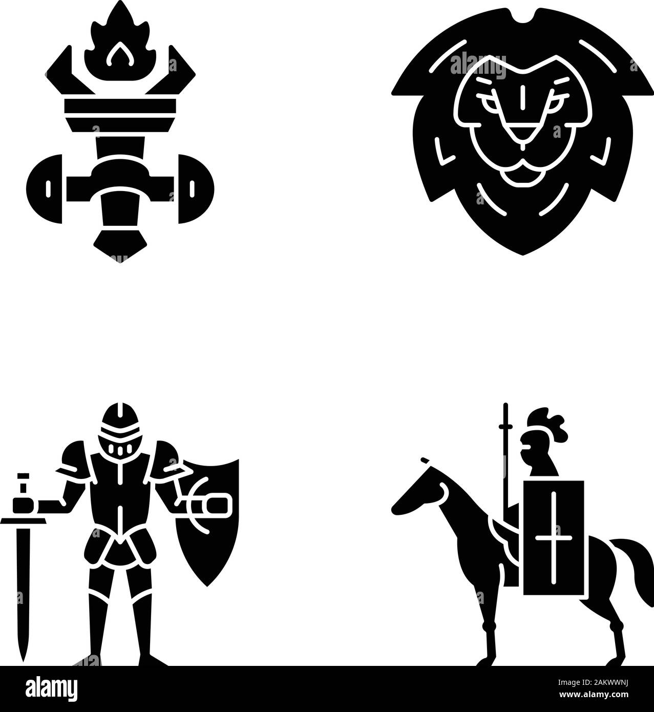 Medieval glyph icons set. Burning torch, lion head shield, knight in full armor, horse knight with flag and lance.   Silhouette symbols. Vector isolat Stock Vector