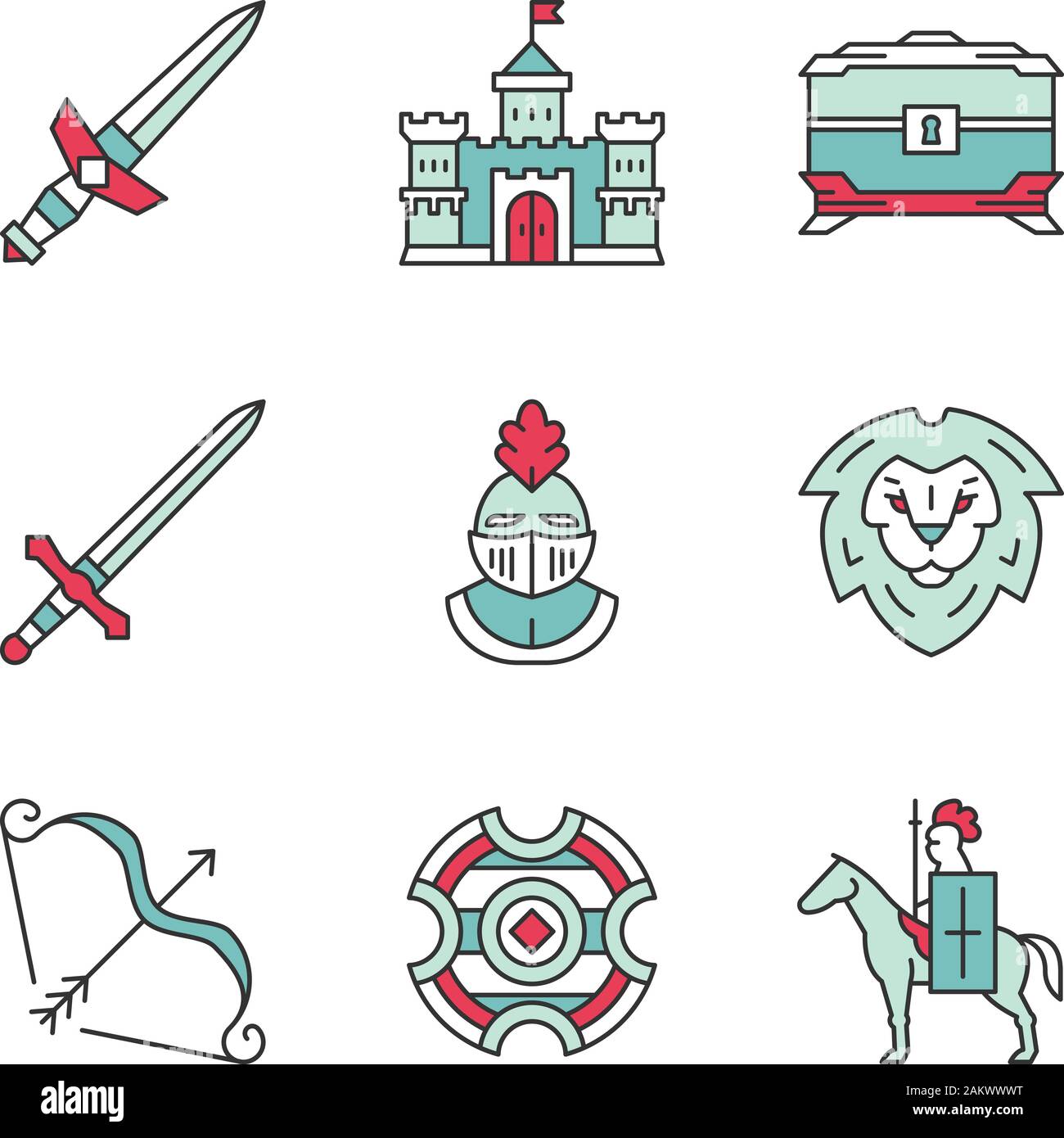 Medieval color icons set. Dagger, king castle, treasure chest, knight ...