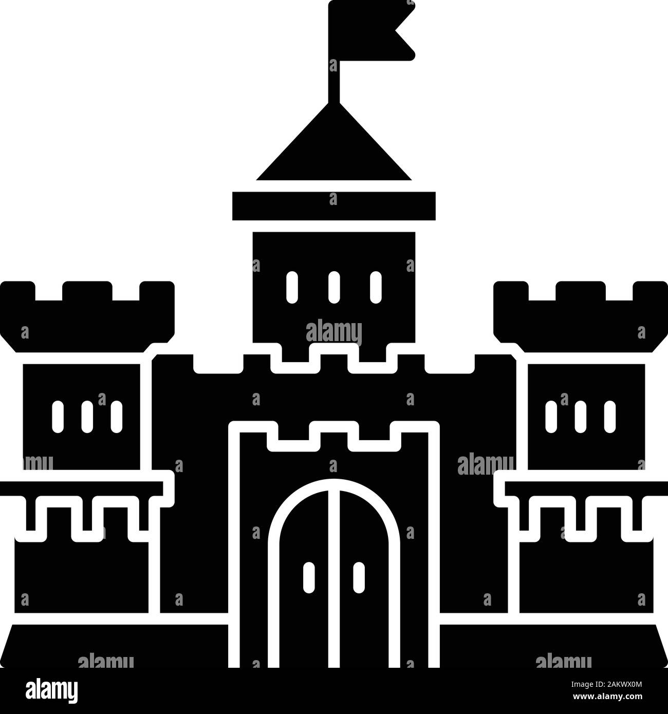 Medieval castle glyph icon. Fortified lord residence. Strong citadel. Stone fortress and towers. Stronghold. Kingdom palace. Silhouette symbol. Negati Stock Vector