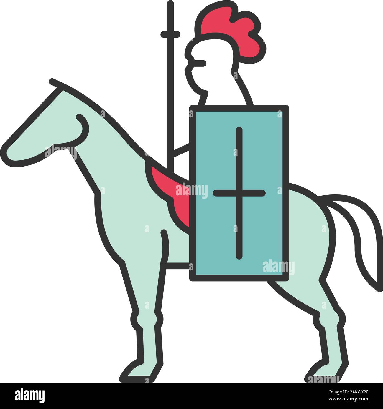 Horse knight with flag color icon. Medieval soldier horseback with standard and lance. Warrior in full armor.  Isolated vector illustration Stock Vector
