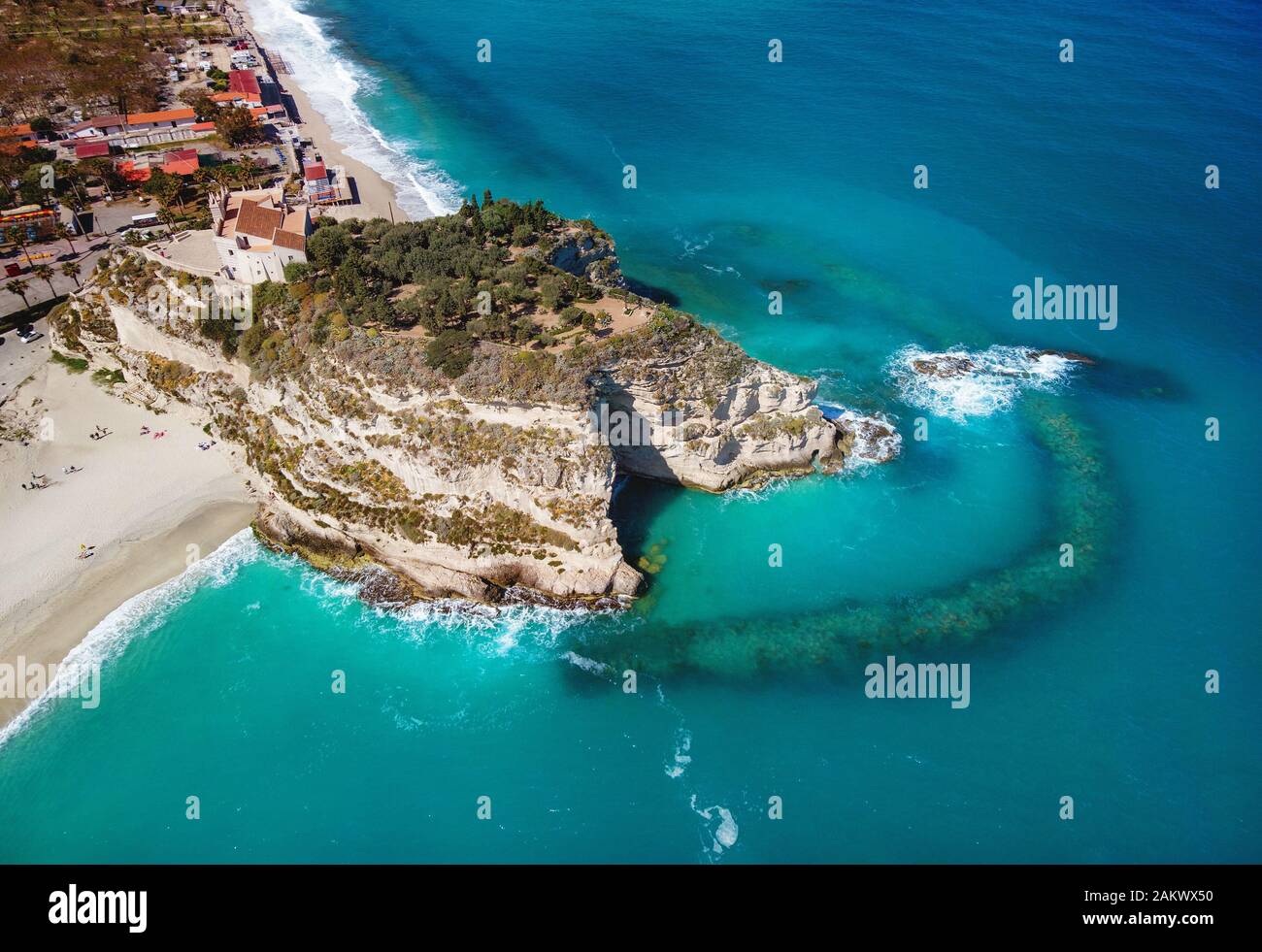 Sanctuary of Santa Maria Island aerial view - Tropea, Calabria, Italy Stock Photo