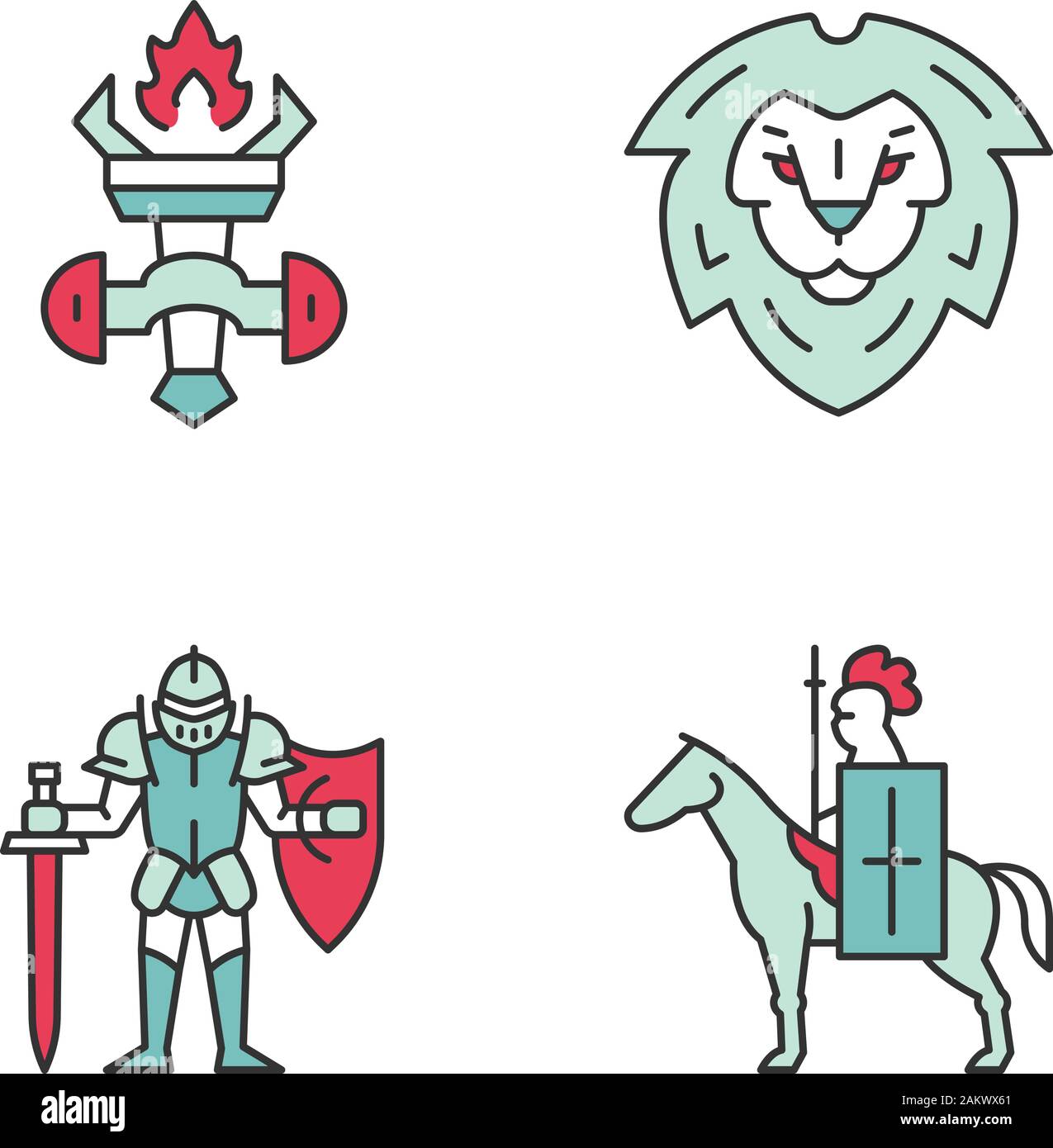 Medieval color icons set. Burning torch, lion head shield, knight in full armor, horse knight with flag and lance. Isolated vector illustrations Stock Vector
