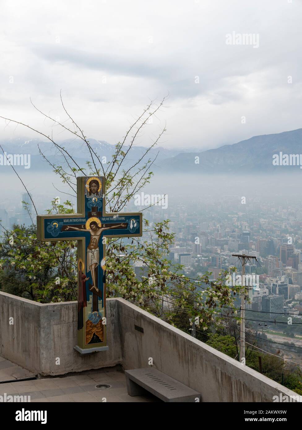 Crucifix on the Camino de las siete palabras (Way of the Seven Words) Cerro San Cristobal, Santiago, Chile. Stock Photo