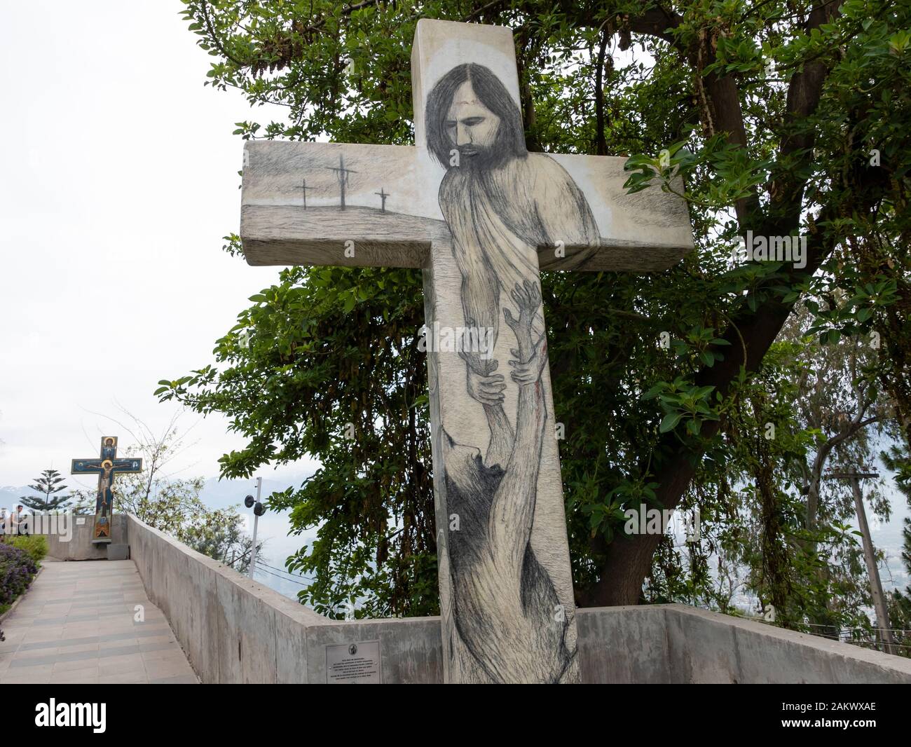 Crucifix on the Camino de las siete palabras (Way of the Seven Words) Cerro San Cristobal, Santiago, Chile. Stock Photo