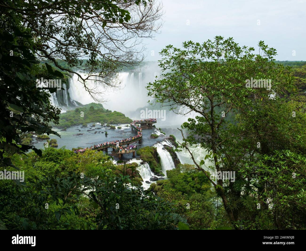View towards the Iguazu Falls (Iguacu Falls) in Argentina as seen from the Brazilian side of the falls. Iguacu Falls National Park, Brazil. Stock Photo