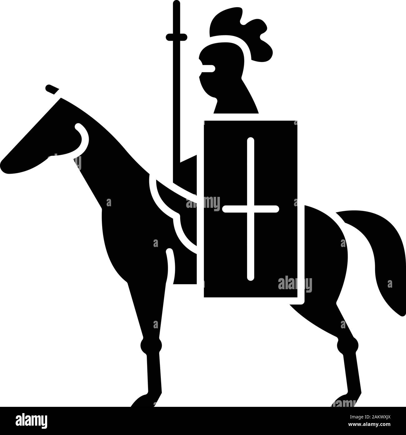 Horse knight with flag glyph icon. Medieval soldier horseback with standard and lance. Warrior in full armor. Silhouette symbol. Negative space. Vecto Stock Vector