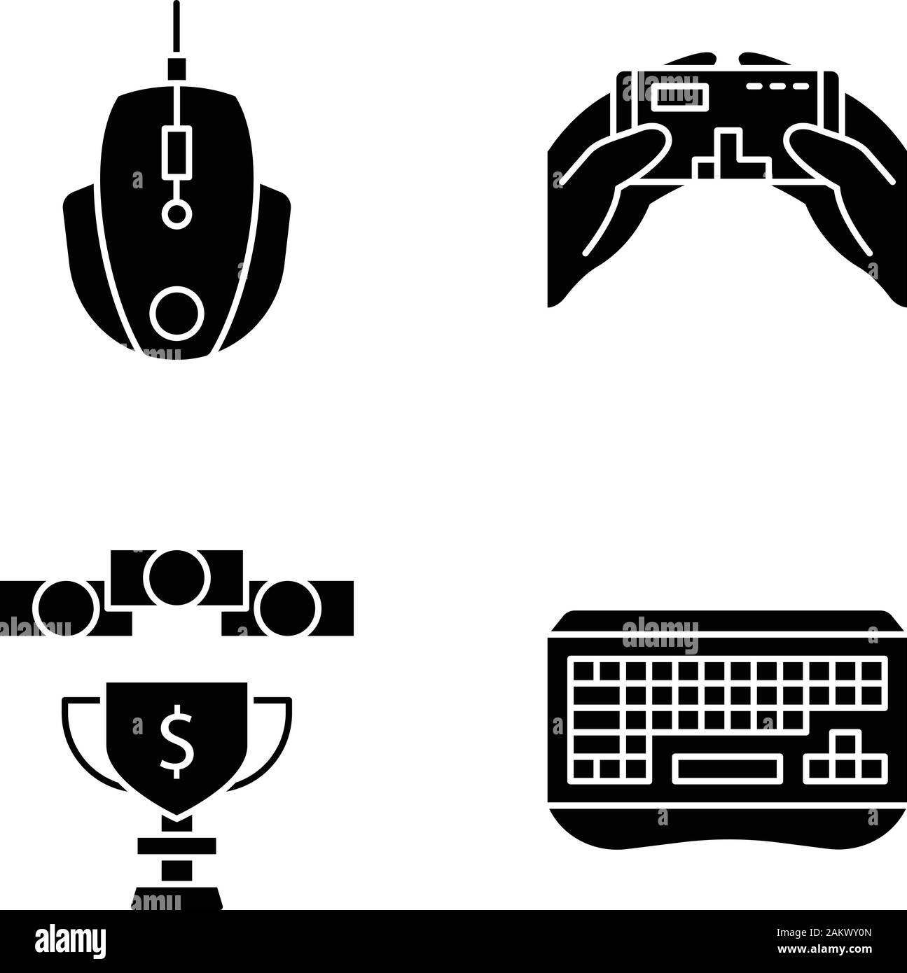 Esports glyph icons set. Gaming keyboard and mouse. Mobile game. Prize money. Silhouette symbols. Vector isolated illustration Stock Vector